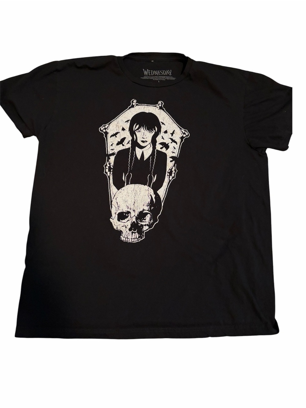 Wednesday Addams Black Graphic Tee with Skull Large
